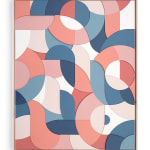 Framed multicolor wood relief sculptural piece made up of spiral shapes and curves by artist Scott Albrecht