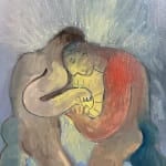 Carlos Rodriguez - painting on paper of two nude men facing one another one hand holding the glowing ball in between them. They have their other hand around each other's shoulder. The background seems to be at night with dark shade of blue.