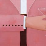 Painting by Angela Burson of a man in a salmon pink suit, embellished with palm tree details holding a martini