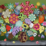 large bouquet of wildly colored and texture flowers in a vase over a muddy green background