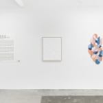 Installation view of Scott Albrecht's exhibition "What Holds Us" at Hashimoto Contemporary, San Francisco. Depicted from left to right: Exhibition wall text, "What Holds Us," and "Slow Feeling."