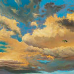 Painting of a tiny car flying through a cloudy sky