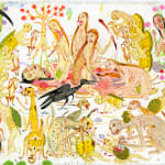 Detail shot of a painting by Mu Pan of creatures, animals and human hybrids eating, sleeping, killing, flying and climbing