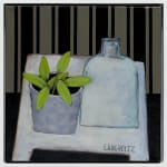 painting of a small potted plant and a clear glass bottle in a white frame