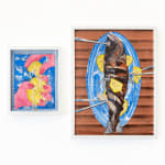 Diptych painting of pink hands holding a lemon and squeezing out the juice on one side and a whole fish on a blue plate covered in chopsticks and lemons on the other.