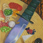 Paul Gagner painting of charcuterie arranged on a tree stump and a large knife