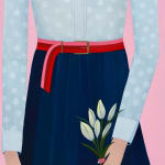 Painting by Angela Burson depicting a woman wearing a long dark blue skirt, pink and red striped belt, and a light blue polka dot blouse. In one hand she is holding a tiny pocket watch. In her other hand, she is holding a small bouquet of white tulips.