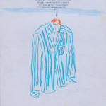 sketch of blue button down shirt on a hanger on hotel stationary