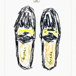 Drawing of black Gucci loafers on white hotel stationery