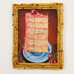 N Dyer painting of a tall slice of pink cake in a gold frame, ants crawl from the cack to the outside of the frame