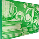side view of Grace Tobin painting in green tones. Flowers in vase and stack of books with coffee mug on top
