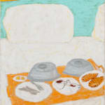 painting of hotel room service tray with breakfast food on top of a bed