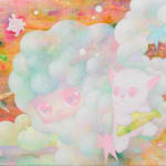 A painting of a cartoon character with pink skin and iridescent hair with a pink dog floating in the ocean