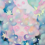 Painting by So Youn Lee of a girl in pastel colors with bubble shaped hair and a pink dog in her hair.
