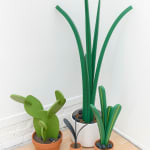 Jeff Canham wooden plant sculptures in terra cotta pots - in a cluster on the floor