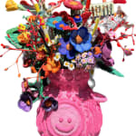 pink vase filled with flowers, markers and paper over a white background