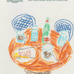 Drawing of a round brown table with two blue chairs and several glasses and a slice of pie on top of the table on hotel stationery