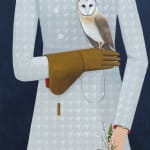 painting of a woman's torso in a blue dress holding a owl in her brown gloved hand by Angela Burson