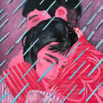 two pink figured holding each other in the rain