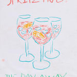 Drawing of three wine glasses filled with ice and campari with the words "Spritzing The Day Away" written above and below it on hotel stationery