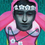 Corey K. Lamb - Painting of a women's upper body. She's holding head of a man wearing a white wreath. the woman's skin is pink, her hair is blonde, and her eyes are blue. two white flowers hang from her breast. the background is green with the pattern like fish scales