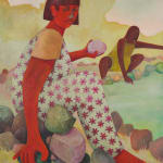 painting by artist genevieve cohn of two woman squatting at a river bank, holding various sized rocks against a slightly clouded sky