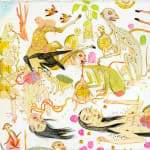 Detail shot of a painting by Mu Pan of creatures, animals and human hybrids eating, sleeping, killing, flying and climbing