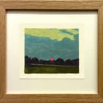 framed painting of a landscape with setting sun and pale yellow border
