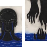 Hilda Palafox diptych of face of black hair and black faced woman crying blue tears into body of water / second piece is of two hands extending down into blue body of water, with a third hand reaching up