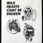 Painting of Mickey Mouse wearing a giant cowboy hat and holding a lasso, a horse head through a horse shoe,