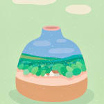 Danym Kwon- painting of a pink mouth empty vase that was painted with scenery of a white house with red roof in bewteen trees and mountains. The baclground is painted in pastel green and two beige yellow spots.