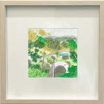framed drawing - sketch of green trees and grey buildings