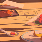 still life painting of a phone, wrapped rose, and dishware on a table by Adrian Kay Wong