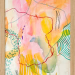 abstract painting with pink, yellow, blue, and red lines by Jen Dwyer