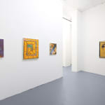 Installation photo of artwork on a white wall next to other paintings