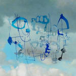 Painting of a clouds on a blue sky with an abstract blue figure in the foreground