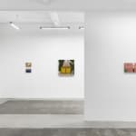 Installation view of Angela Burson's exhibition "Close Encounters" at Hashimoto Contemporary San Francisco depicting (from left to right): "The Stranger," "Foot Ward," "Blue Shoes," "Room 715," and "Palmetto Martini"