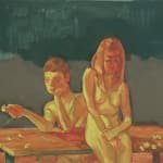 painting of a nude girl sitting on a picnic table and another nude girl holding a picked flower