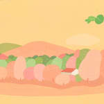 Danym Kwon - detail of "A Cozy Afternoon With Frederick". The green and pink landscape on the top left of the canvas.