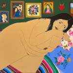 nude woman laying on bed with religious paintings in the background