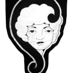 embroidered black and white banner of a woman's head with curve design to her left