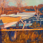 Painting of a photo of a small boat on grass. The sun is setting and you can see the shadow of the person taking the photo reflected on the boat.