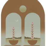 Madeleine Tonzi - brown and teal shades painting of two arches with each a stacked triangles on half circle structure, behind them is the landscape with moon above.