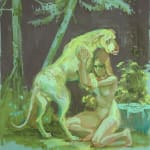 painting sketch of a large dog with its paws on the shoulders of a kneeling nude girl. The dog and girl are in the forest