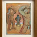 Study of a painting of three men in a desert liek environment with water in the distance