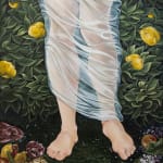 Painting by Sabrina Bokcler of two legs in sheer fabric surrounded by fruit