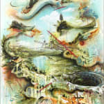 Gregory Euclide - acrylic and graphite work of abstracted nature and city scene with a major color palette of green, blue, and orange.