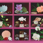 Casey Gray - Spray Painting of a pink display case with chocolates, flowers and sea shells in it.