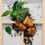 painting of a houseplant in a shattered pot with dirt spilling out and a dog face on the pot
