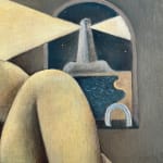 male figure sitting by the window as a lighthouse beam enters the room detail